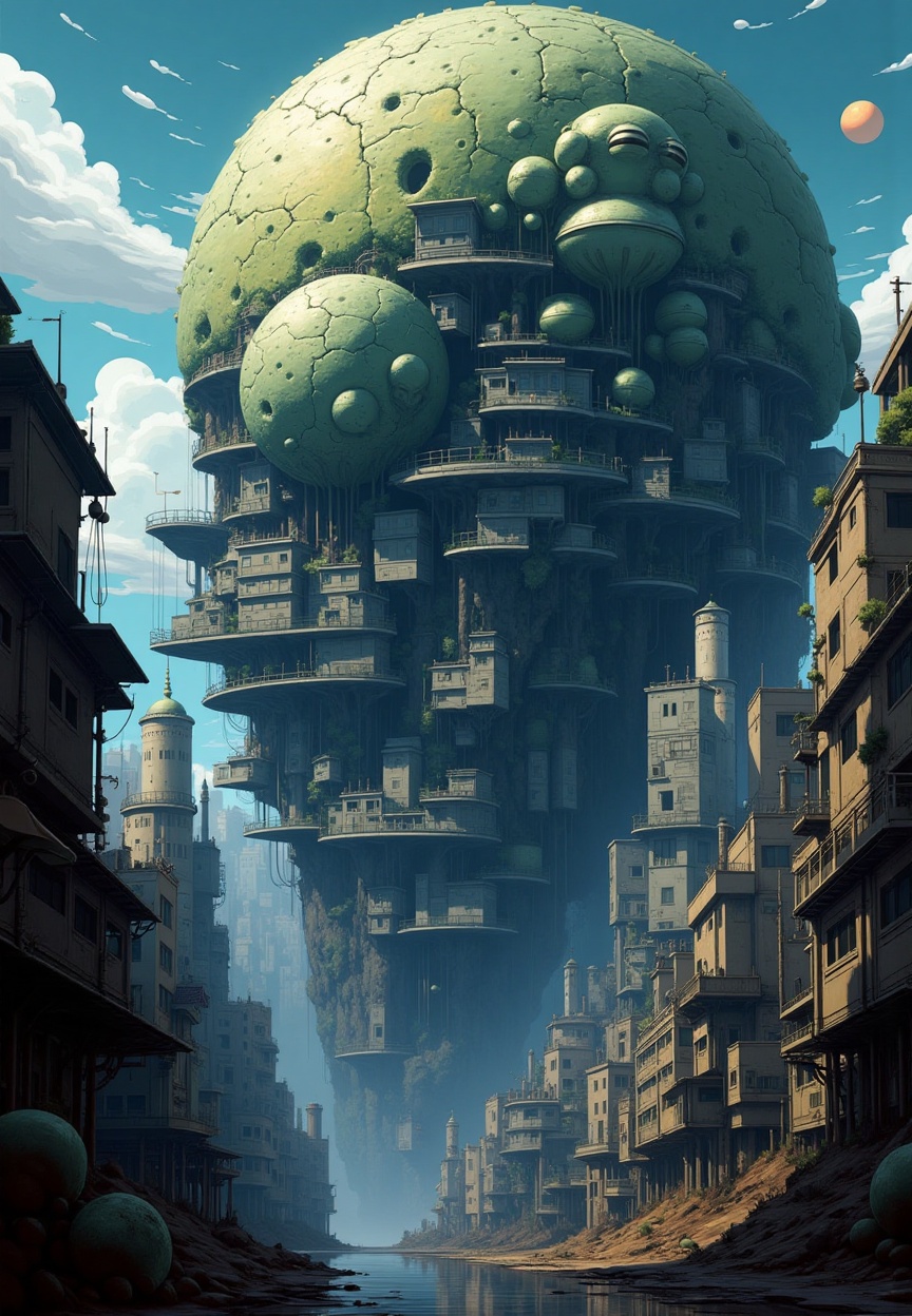anime style of a massive alien megastructure resembling a beehive,  made of organic,  chitin-like material and glowing bio...
