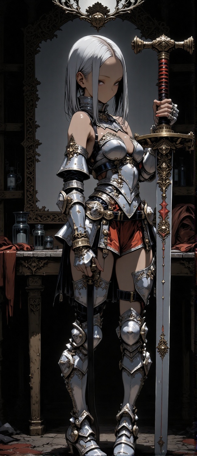 The image depicts a young woman dressed in elaborate silver armor,  holding a large sword with a decorative hilt. Her expr...