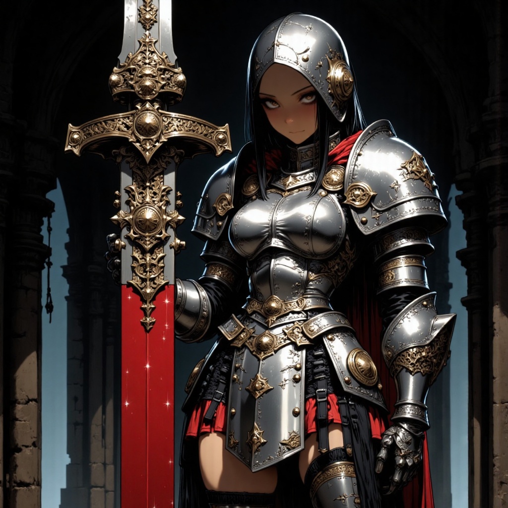 The image depicts a young woman dressed in elaborate silver armor,  holding a large sword with a decorative hilt. Her expr...