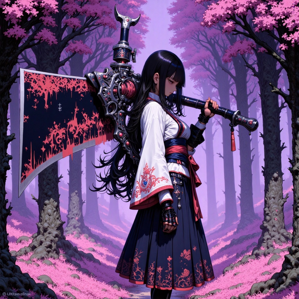 The image depicts a character standing in a serene,  purple-hued forest. The character is dressed in a traditional outfit...