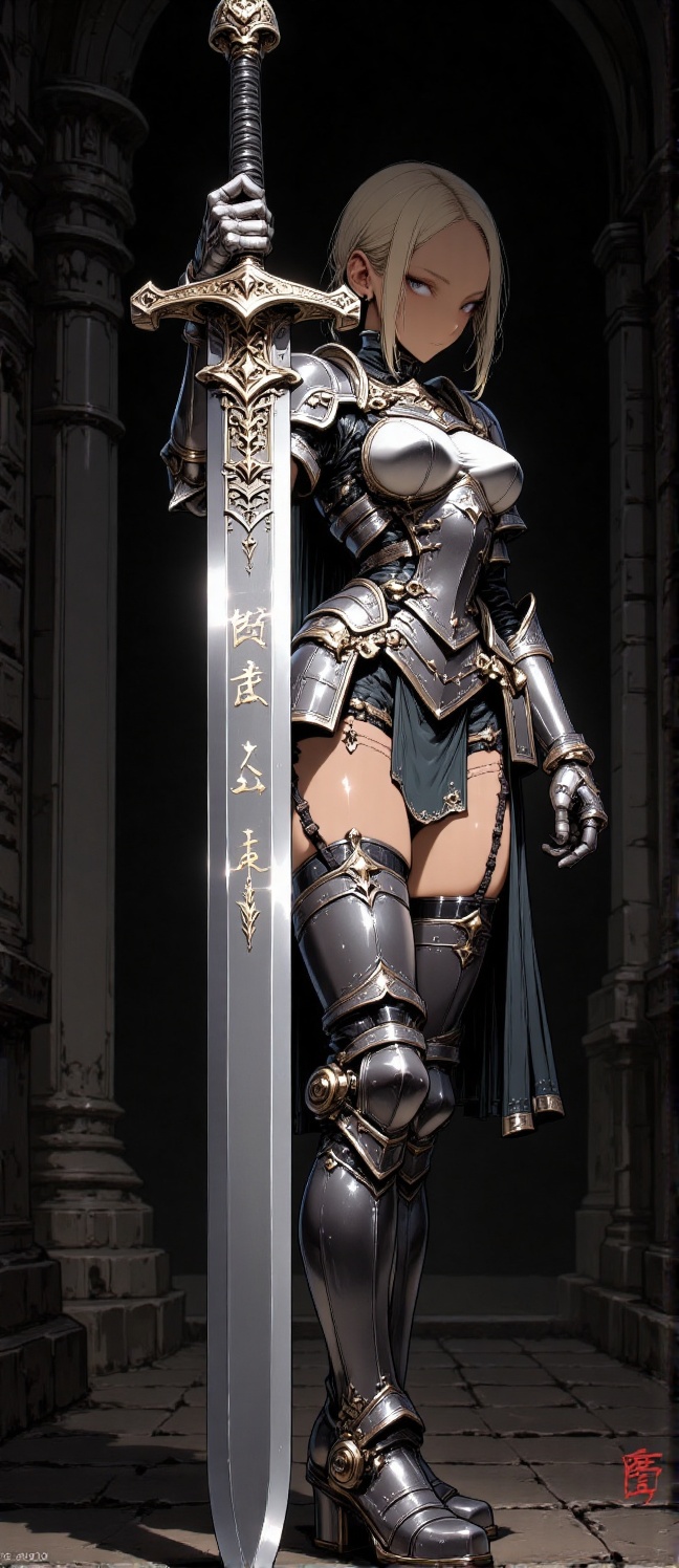 The image depicts a young woman dressed in elaborate silver armor,  holding a large sword with a decorative hilt. Her expr...