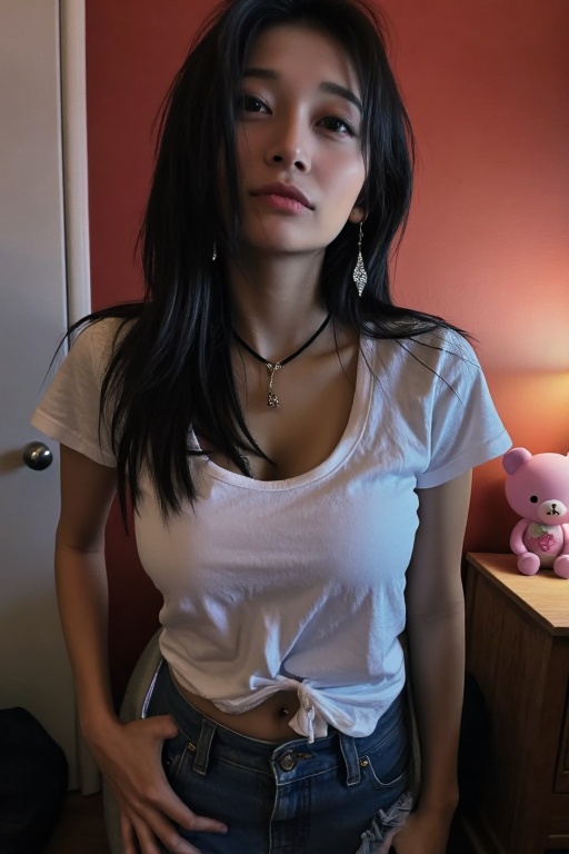 A close-up shot of a stunning Asian girl with long,  dark hair teasing her chest while looking directly at the viewer. She...