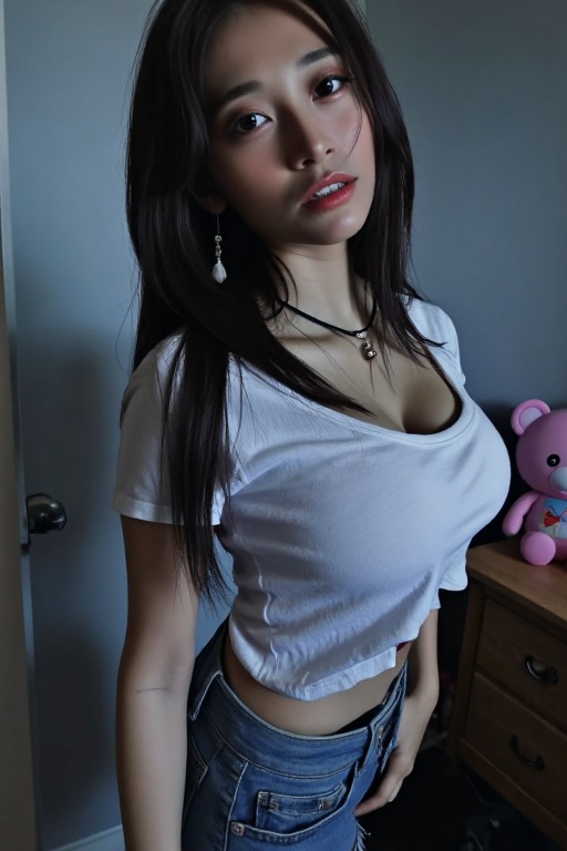 A close-up shot of a stunning Asian girl with long,  dark hair teasing her chest while looking directly at the viewer. She...