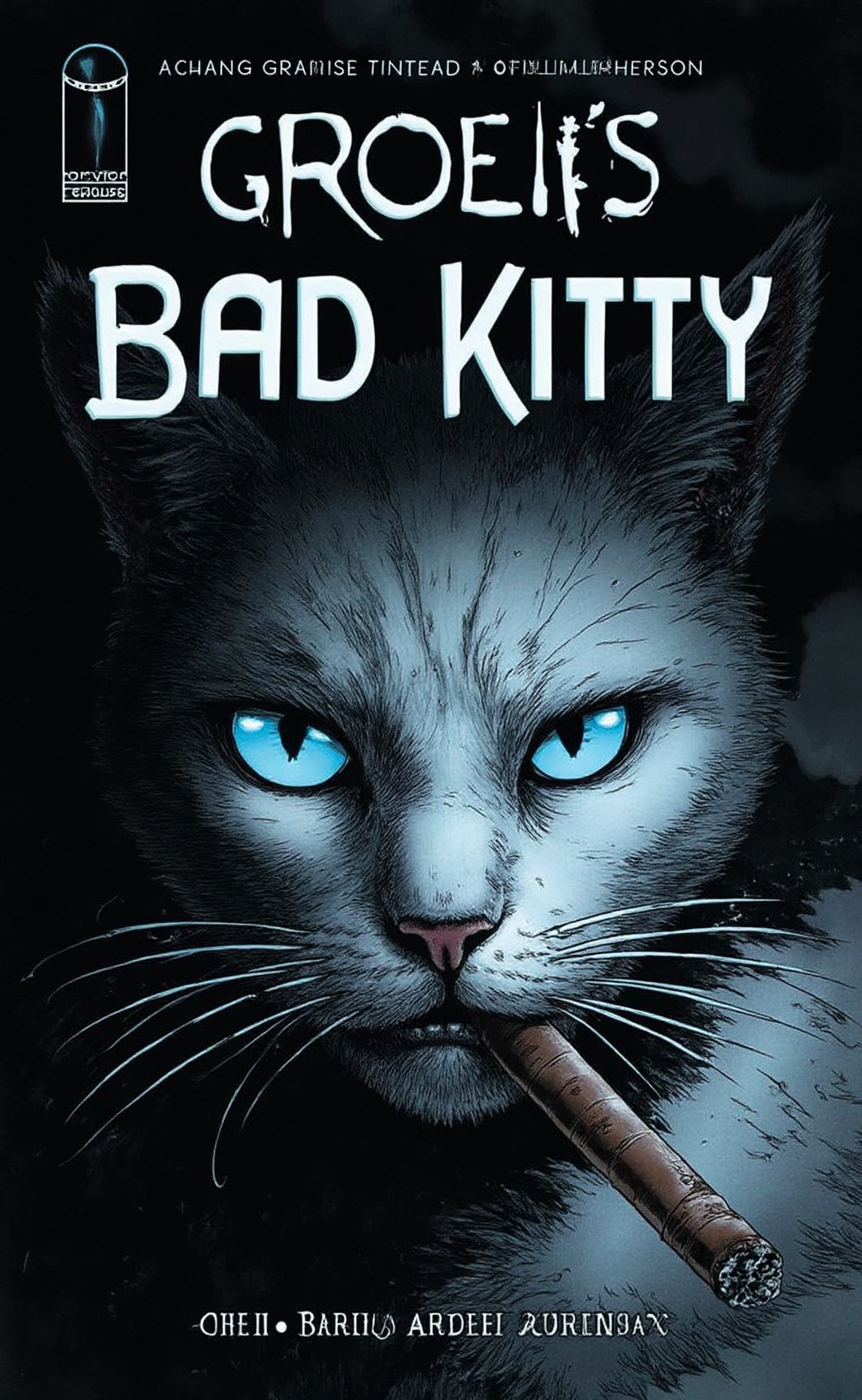 SagaCover style. The title is "Bad kitty",  illustrated by the author "Flux". The artwork is a dark,  moody on Tensor.Art