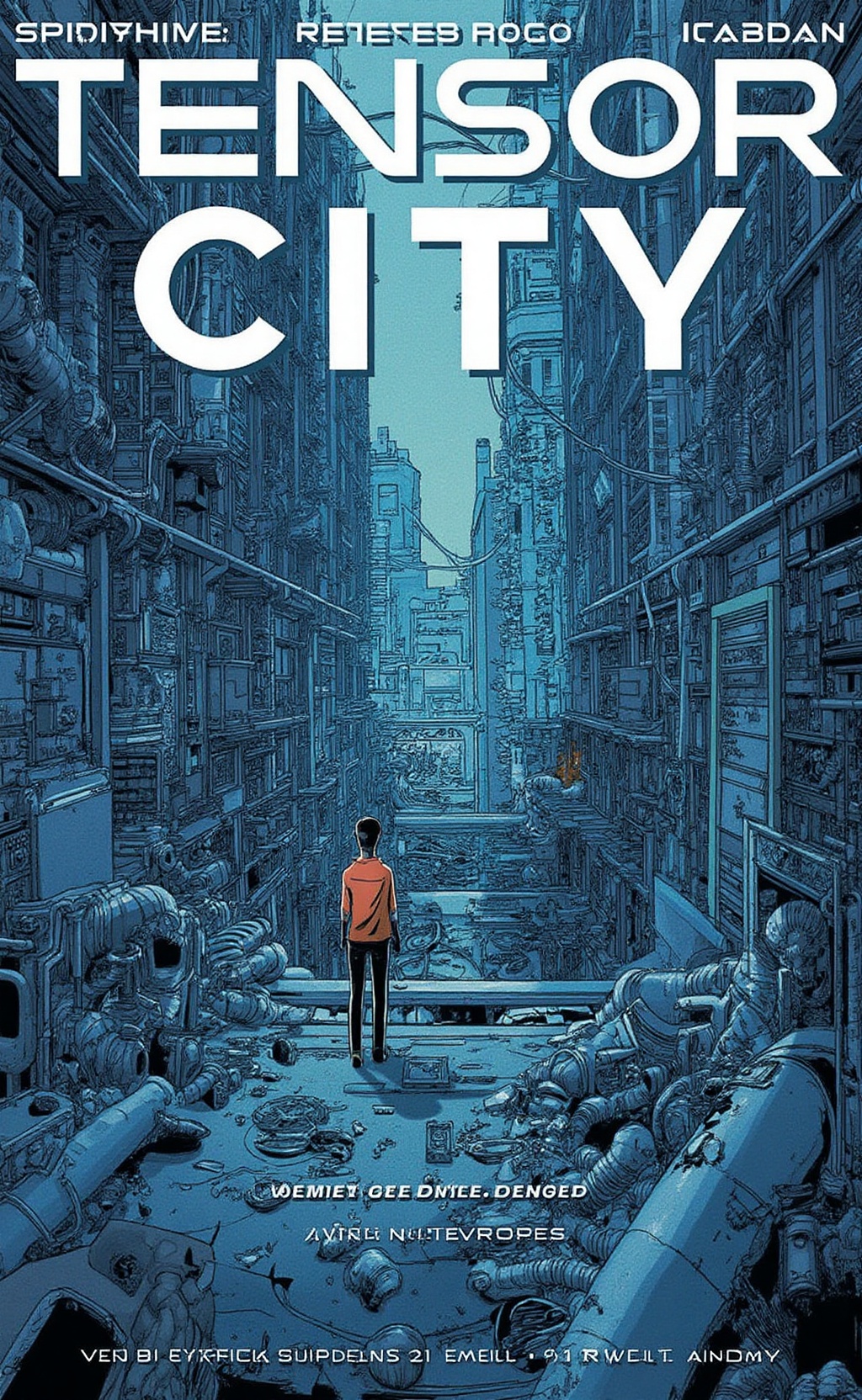 SagaCover style. The image is a cover of a graphic novel titled "Tensor City" by the author "Flux",  illustrated in a digi...