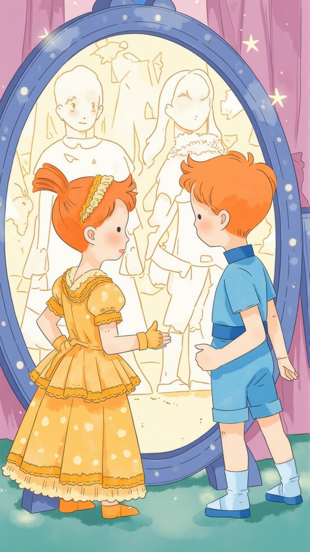 A playful children's book illustration of a boy and a girl standing in front of a giant magical mirror,  each wearing outf...