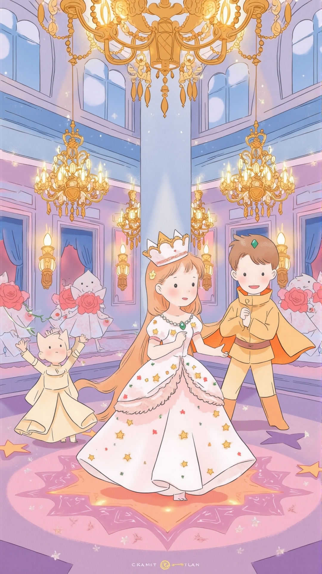 A magical children's book illustration of a grand ballroom filled with young princes and princesses in stunning fairytale-...