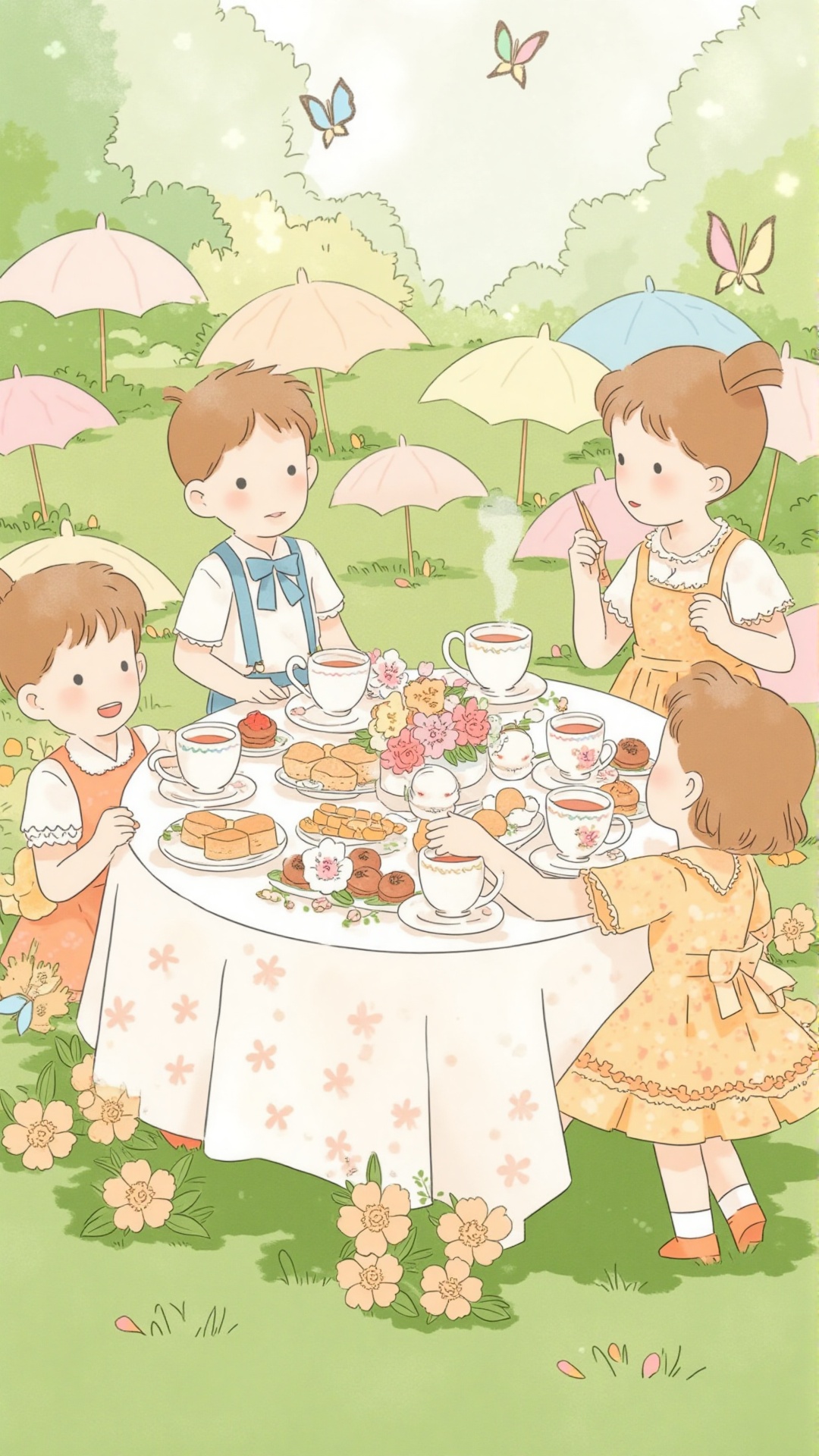 A charming children's book illustration of a group of kids at a fancy garden tea party,  dressed in elegant vintage outfit...