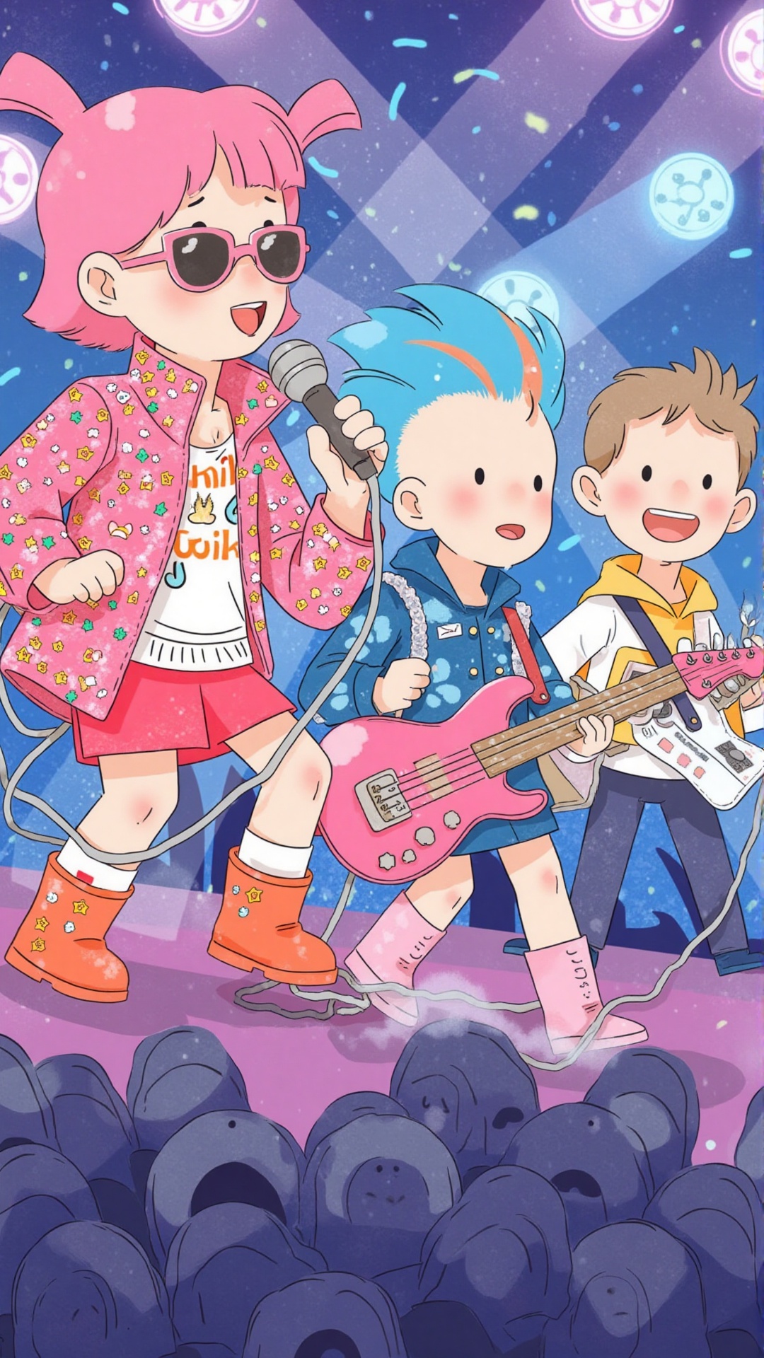 A high-energy children's book illustration of a group of kids performing on a big stage,  dressed in colorful rockstar out...