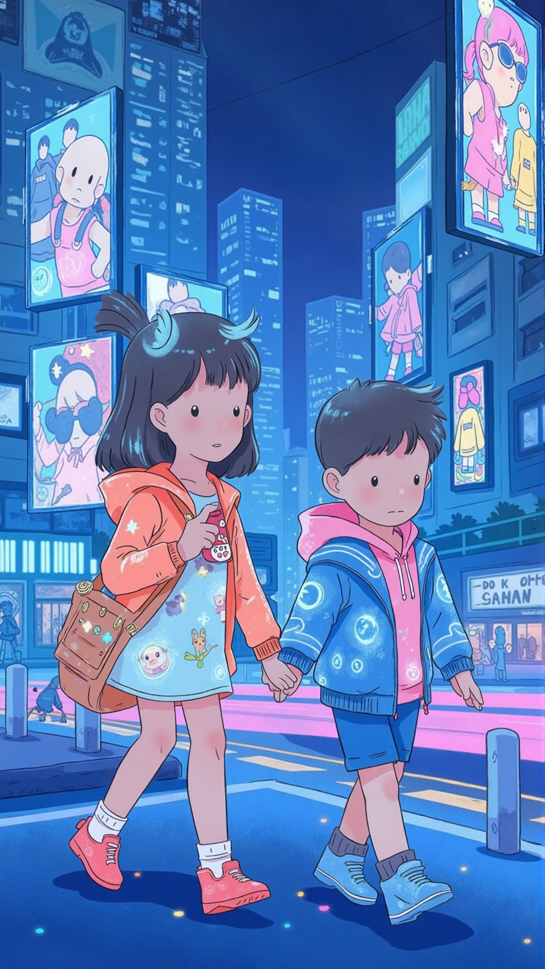 A futuristic children's book illustration of a young girl and boy walking through a neon-lit city,  wearing high-tech fash...
