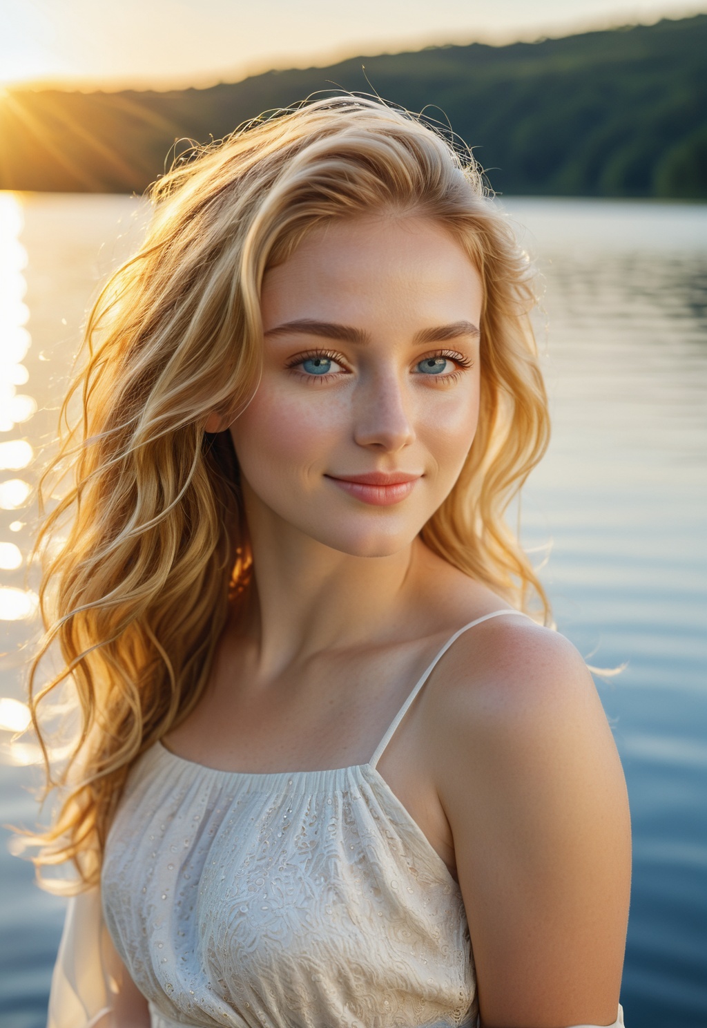 A photorealistic portrait of a beautiful young girl with long,  flowing golden-blonde hair,  loosely tied back with soft w...