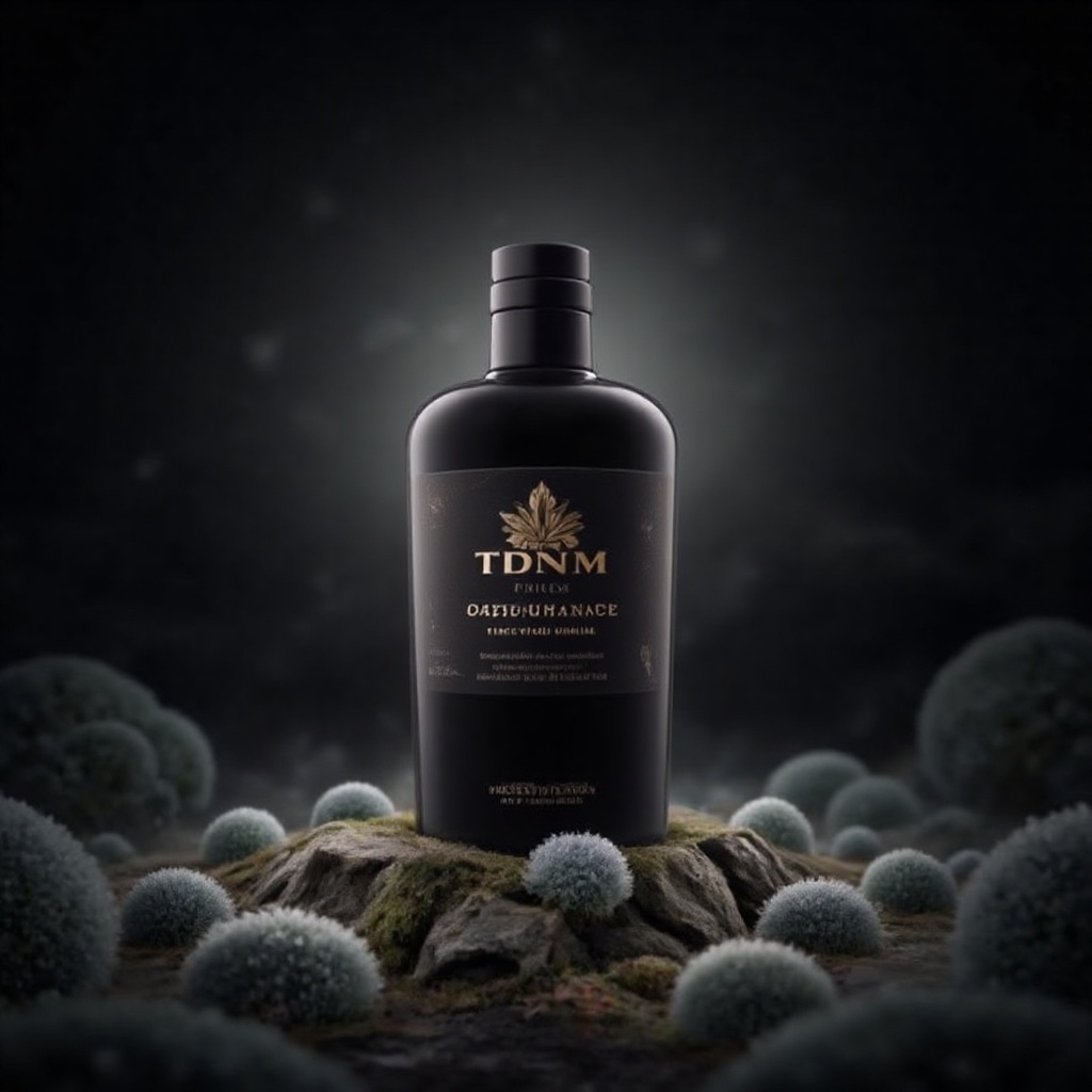 A mystical still life: against a deep,  dark background,  a velvety black perèume bottle stands majestically on Tensor.Art