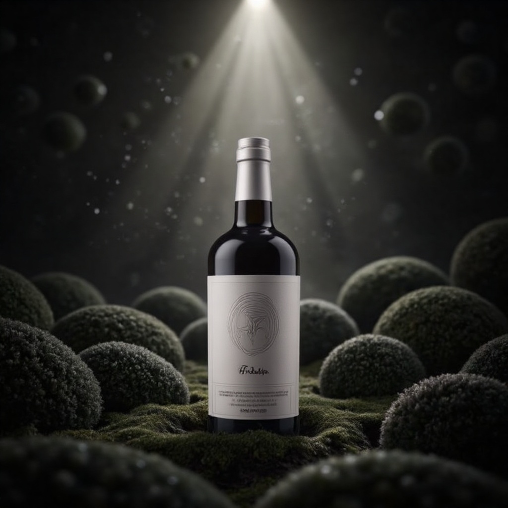 A mystical scene unfolds: a rich,  black perèume stands majestically against a velvety dark background,  illuminated by so...