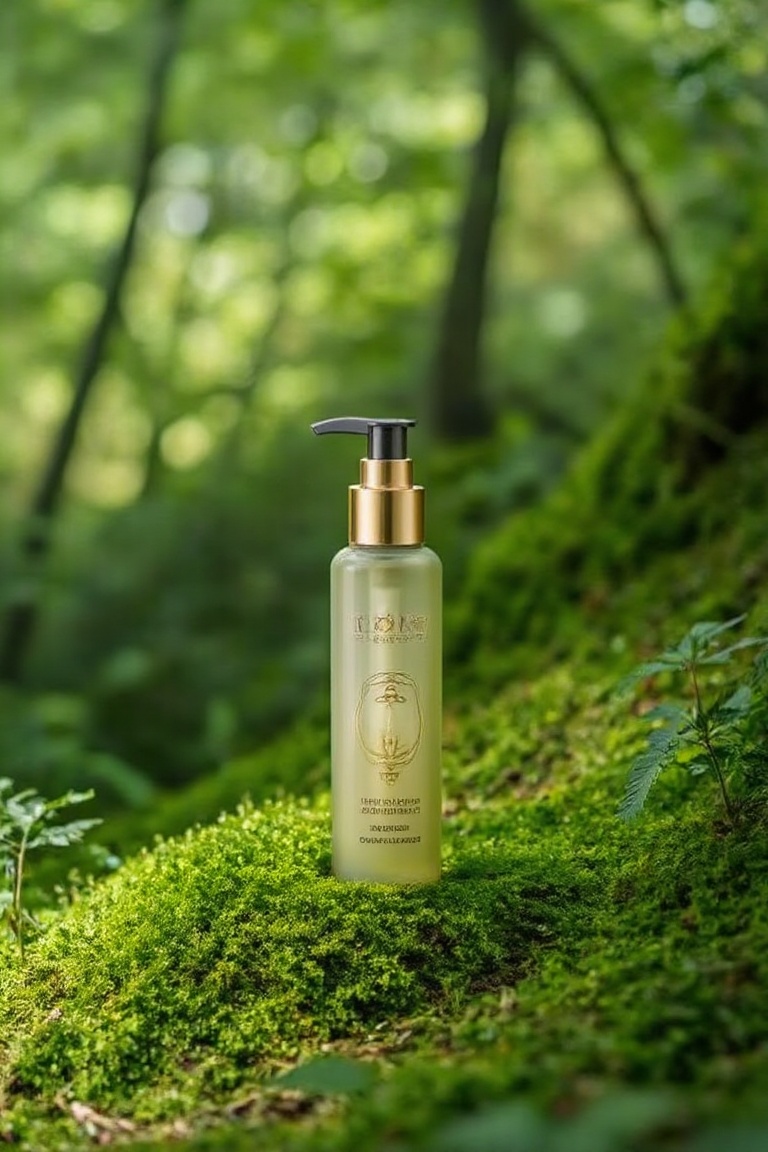A product of cosmetic with a gold-colored pump dispenser,  placed on a bed of lush green moss. The label on the bottle rea...