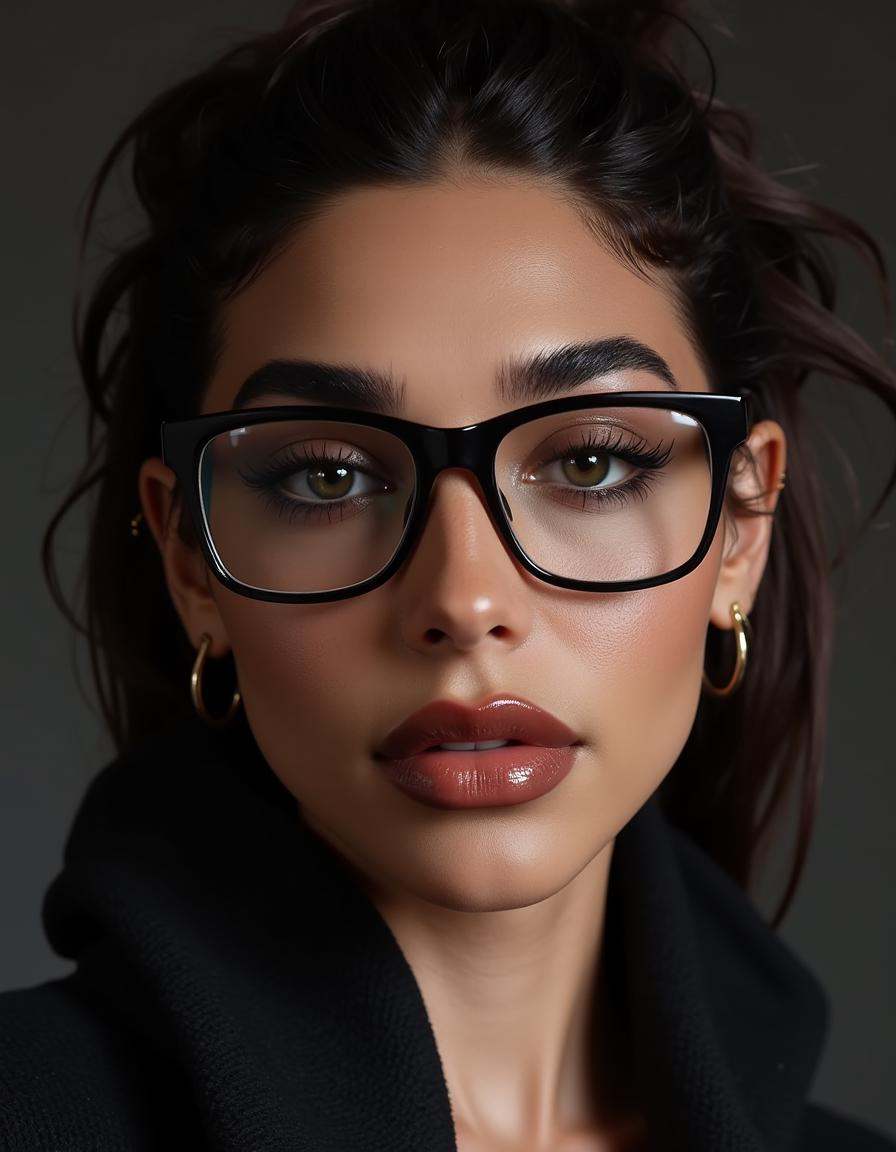 A striking portrait of a fierce woman with piercing eyes and bold,  direct eye contact. She wears natural-looking brick-re...