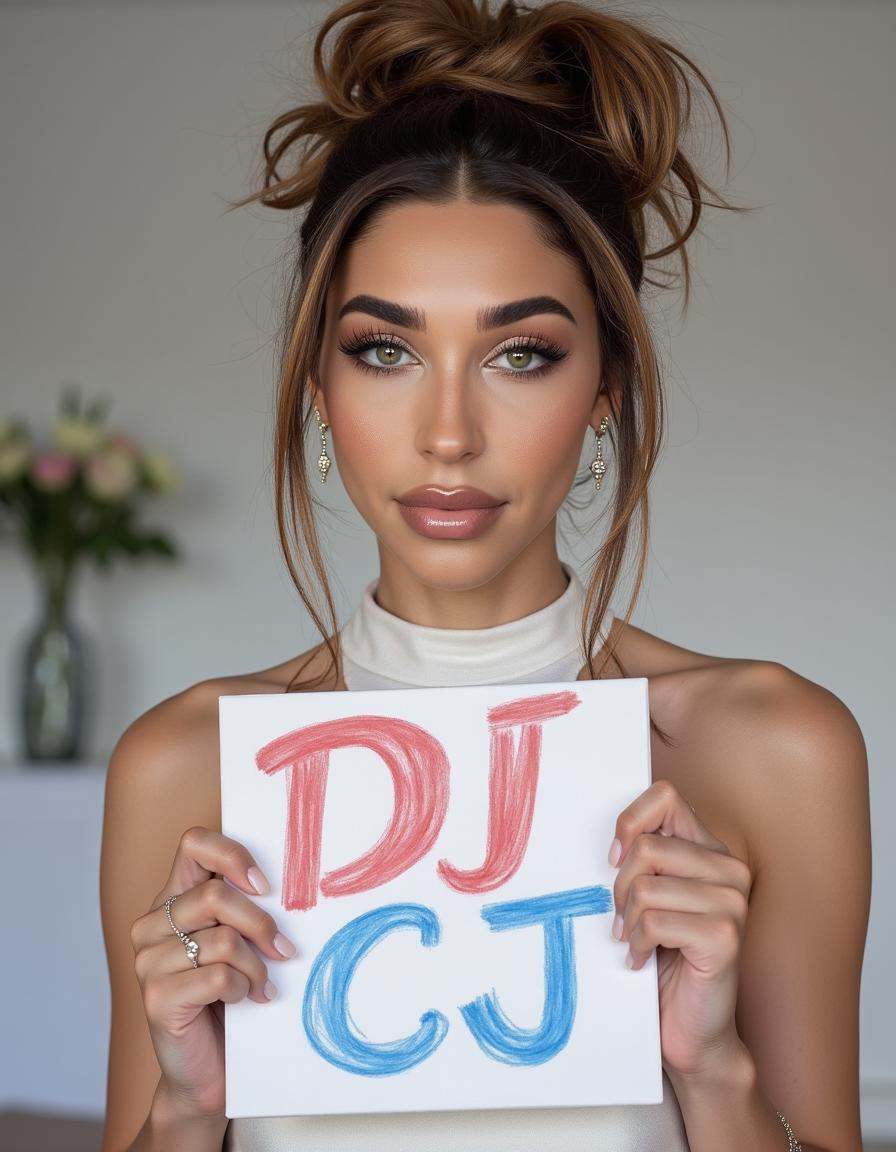 High quality photo of a beautiful woman in a high neck wedding dress,  the bride is holding a sign with "DJ CJ" in red and...