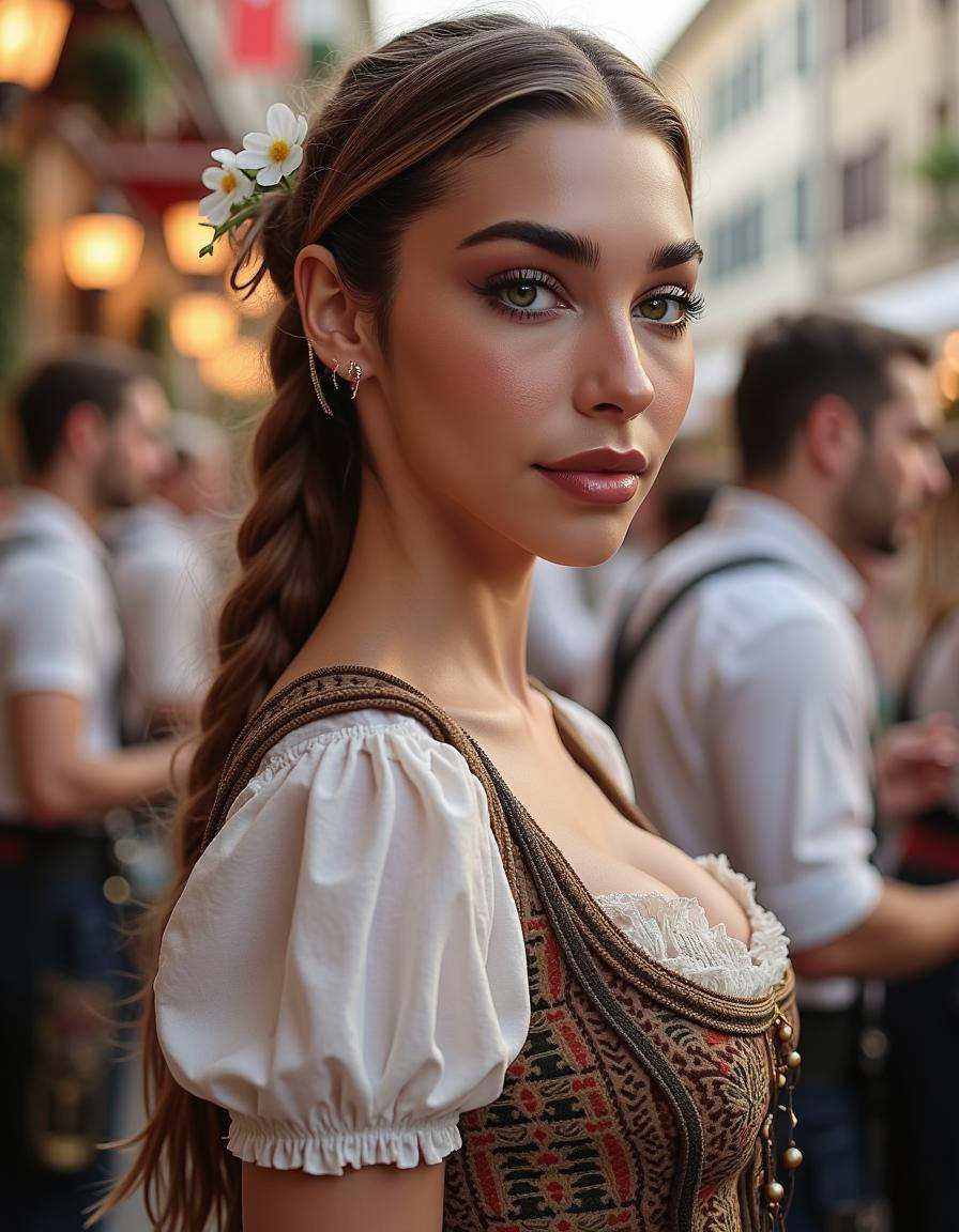 **Prompt:**A woman stands proudly in front of a traditional Bavarian backdrop,  her long braid cascading down her back lik...