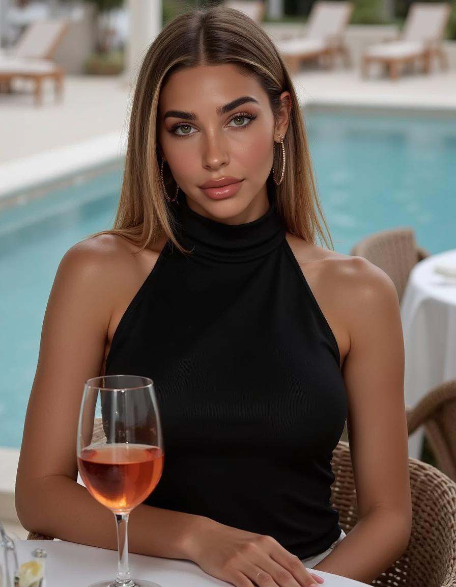 High quality photo of a woman in a romantic italian restaurant. She is wearing a high neck closed black dress and is sitti...