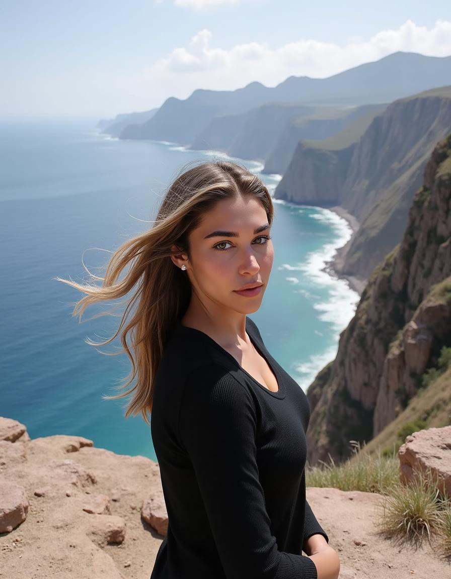 A woman stands on a windswept cliffside,  her hair blowing in the wind as she gazes out at the viewer. The camera captures...