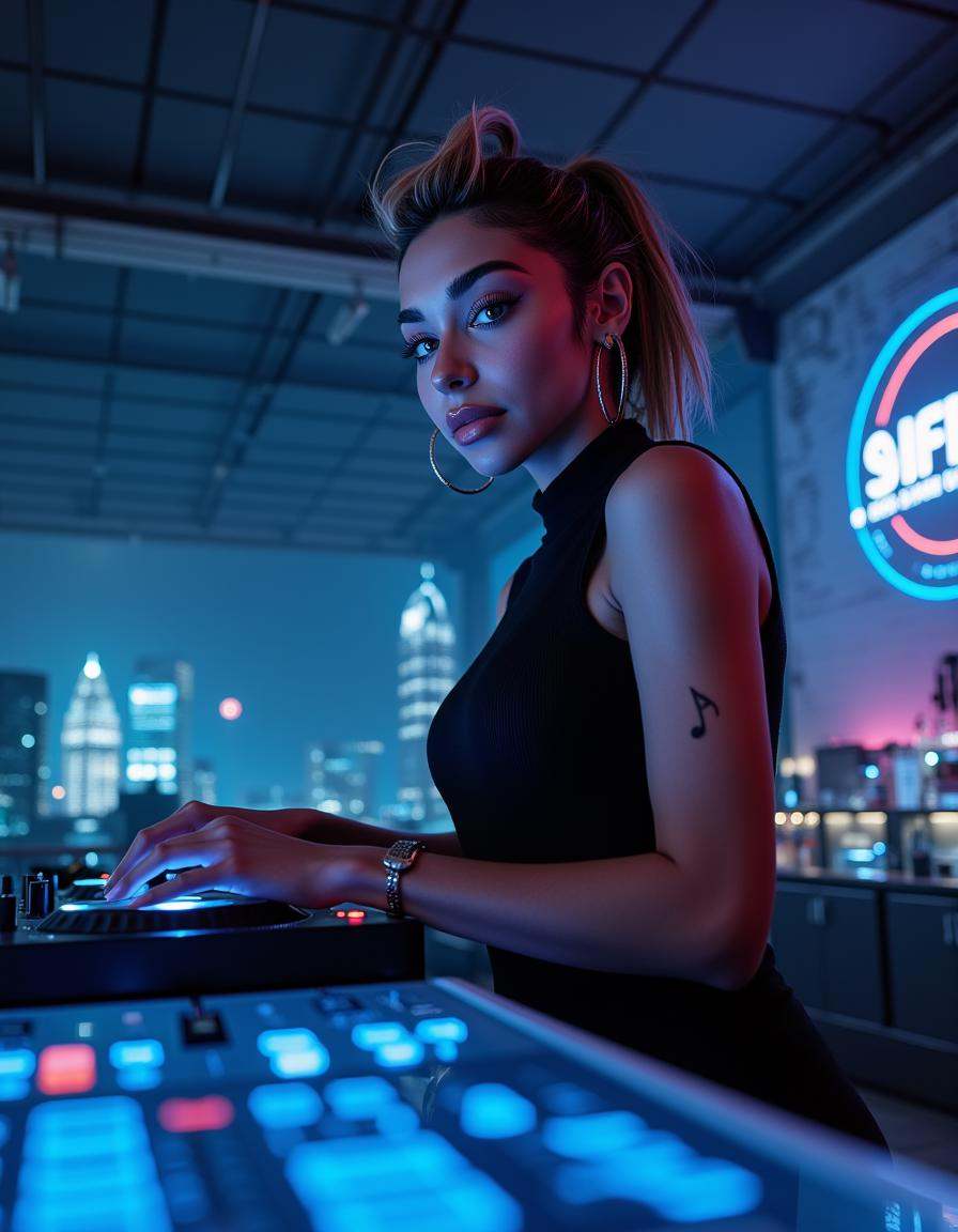 Capture a breathtaking,  ultra-high-definition portrait of a female DJ in a dystopian nightclub,  utilizing double exposur...
