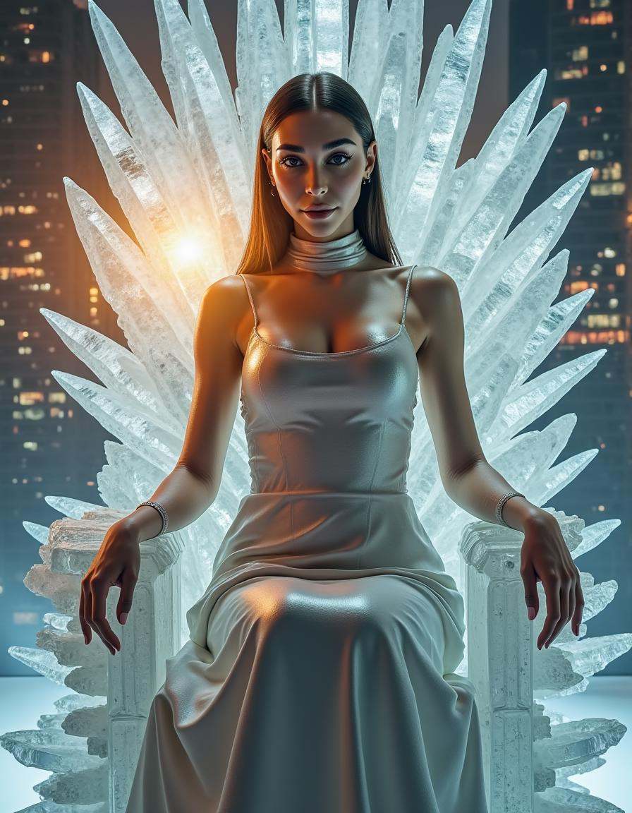 A woman sits on a throne made of crystal,  surrounded by a halo of soft,  ethereal light. Her body is slowly merging with...