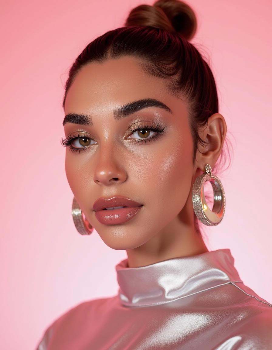 The reflective surfaces of her earrings and outfit create a dynamic interplay with the environment,  emphasizing her sleek...