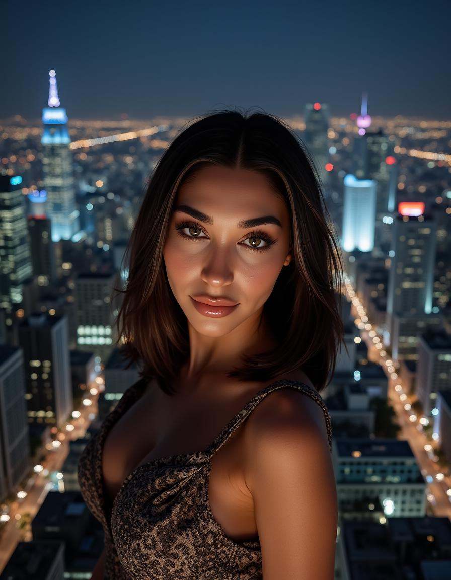 A beautiful woman stands in front of a stunning cityscape at night,  with every building and streetlight meticulously rend...