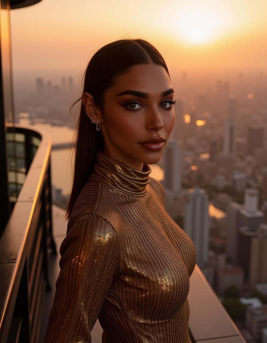 Subject: A woman standing on a luxurious,  penthouse balcony overlooking a breathtaking cityscape at sunset.Lighting: Warm...