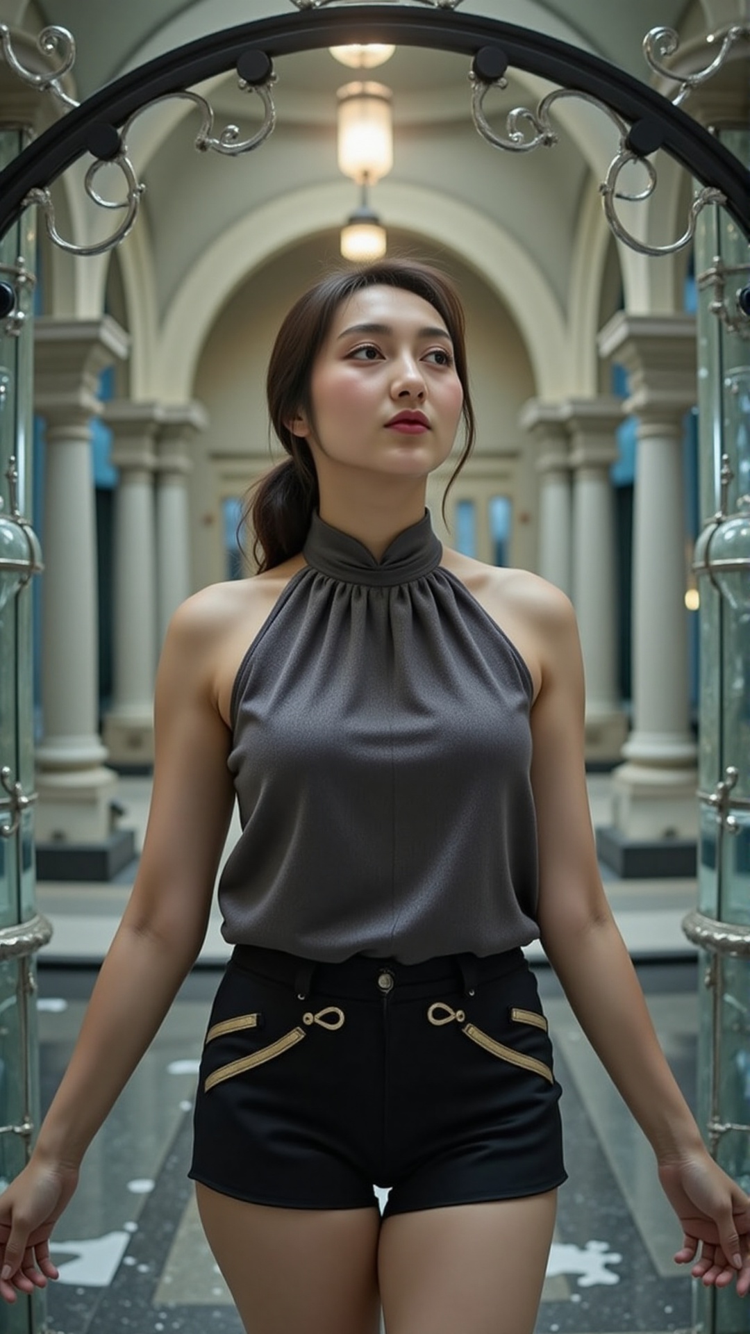 Standing at the center of a cold stone hall with mirrored columns,  a composed woman with dark brown hair pinned back loos...