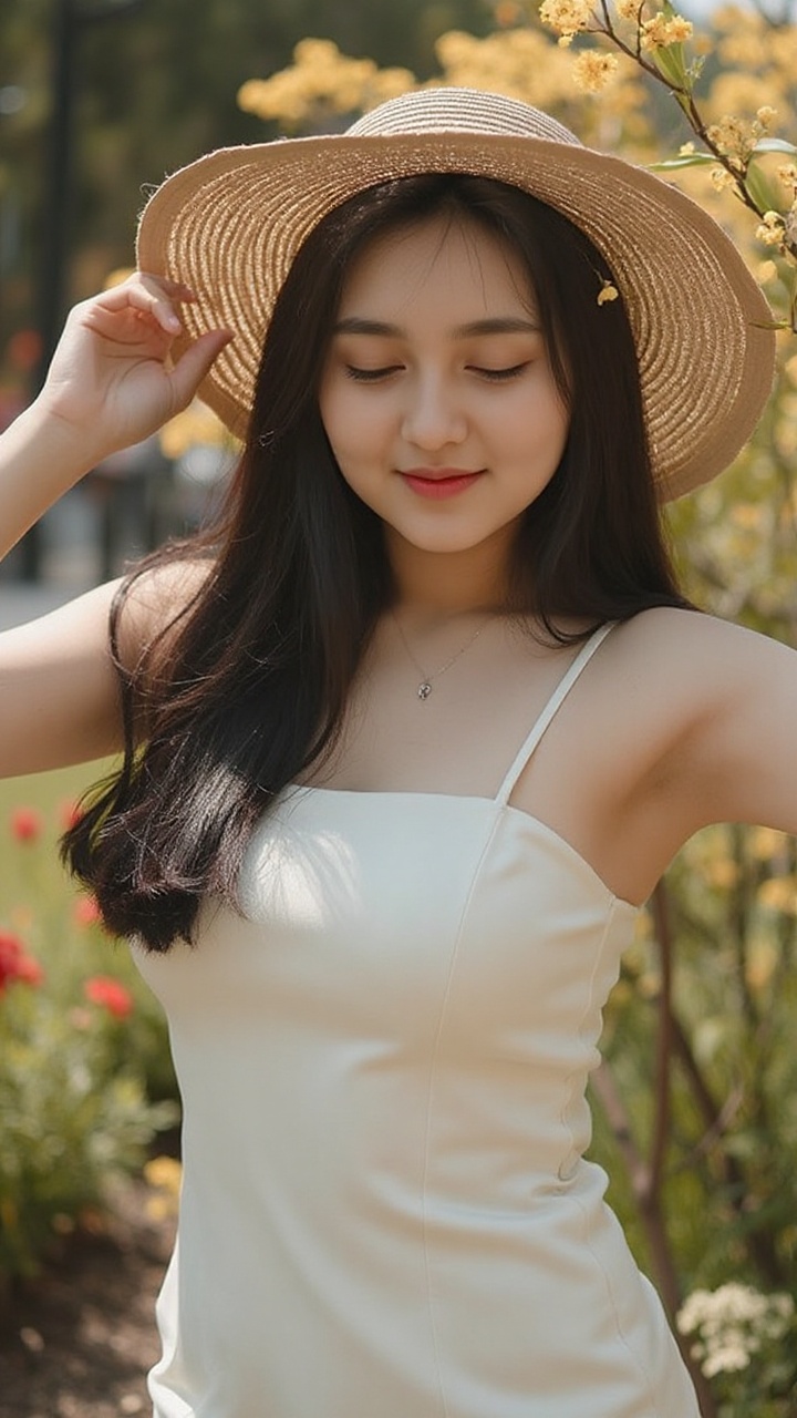 A young woman with long black hair loose,  wearing a simple white dress. He stood in the garden with a background flower b...