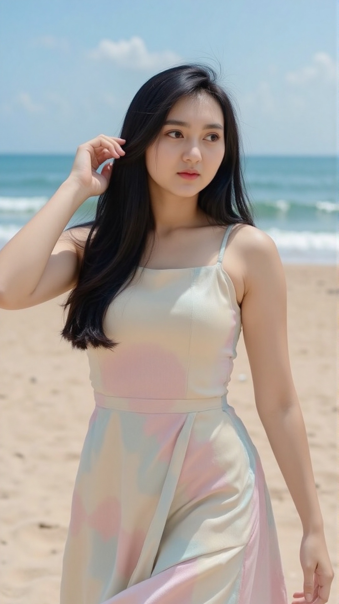 A woman with long black hair and radiant skin,  wearing a pastel-colored summer dress. She stands by the beach with a gent...