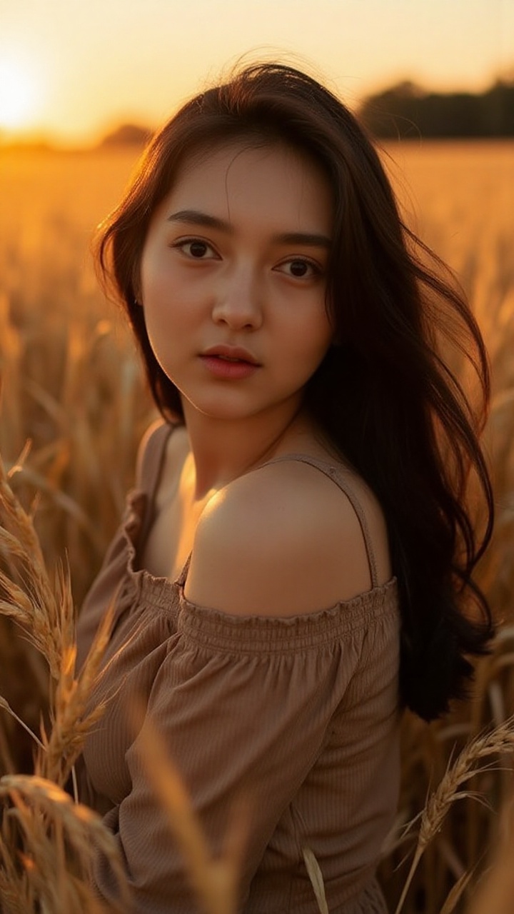 A young woman with flowing black hair stands in a golden wheat field during sunset. The warm sunlight illuminates her face...