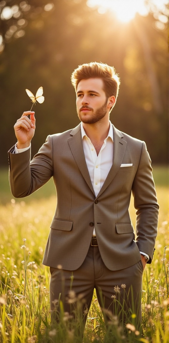 HD photograph of a handsome man standing in a sun-drenched meadow,  gently holding a butterfly on his fingertips. His shar...