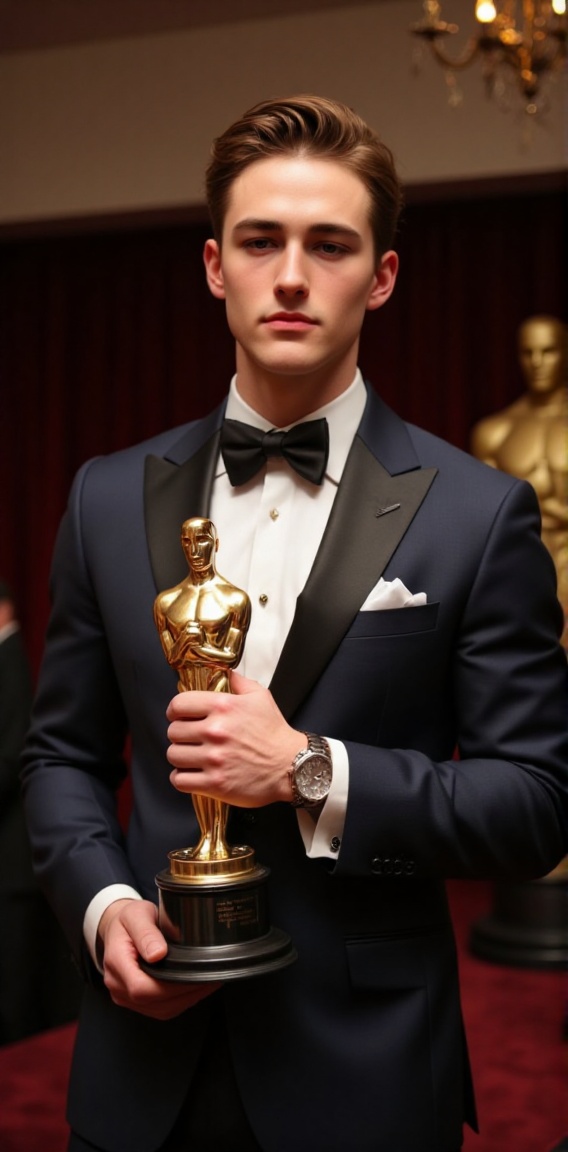 A crisp,  high-resolution photograph of a dapper man in a perfectly tailored suit,  standing confidently with an OSCAR tro...