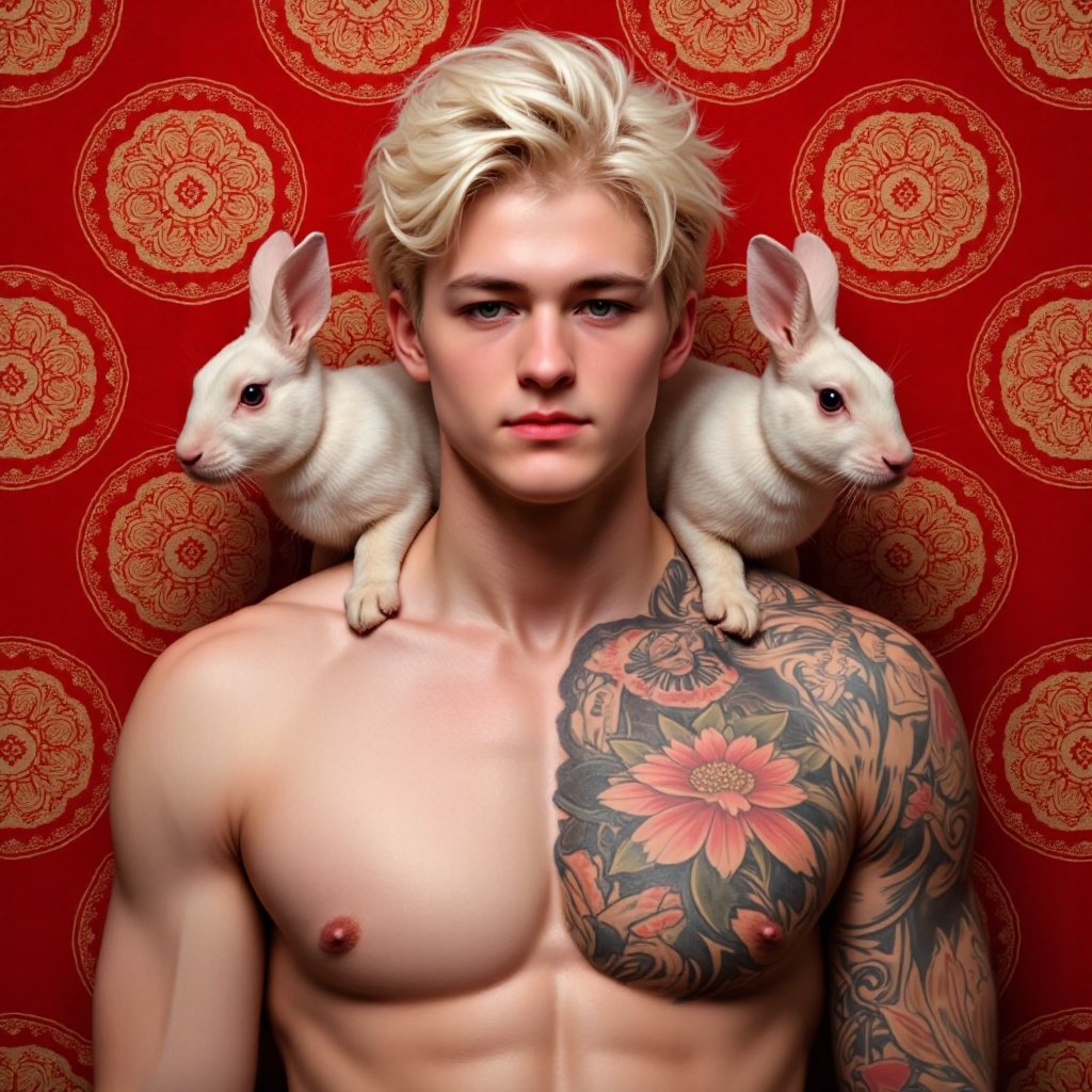 The image depicts a man with short,  white hair and a well-defined jawline. He is wearing a tattoo on his left shoulder th...