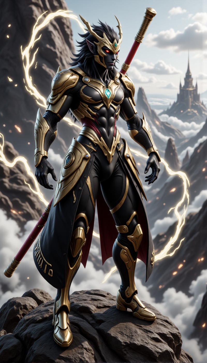 Futuristic black Sun Wukong standing in a heroic pose atop a towering cyber-mountain,  enveloped in thin,  glowing mist. H...