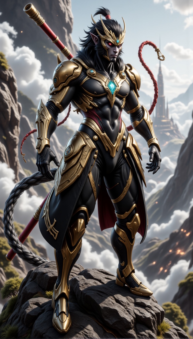Futuristic black Sun Wukong standing in a heroic pose atop a towering cyber-mountain,  enveloped in thin,  glowing mist. H...