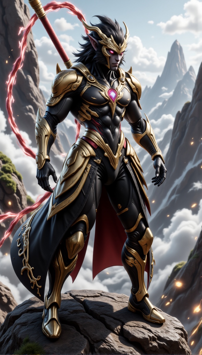 Futuristic black Sun Wukong standing in a heroic pose atop a towering cyber-mountain,  enveloped in thin,  glowing mist. H...