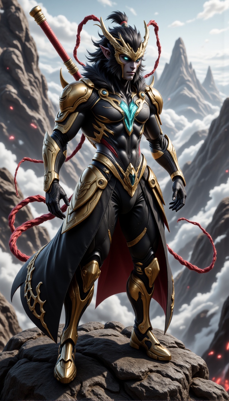 Futuristic black Sun Wukong standing in a heroic pose atop a towering cyber-mountain,  enveloped in thin,  glowing mist. H...