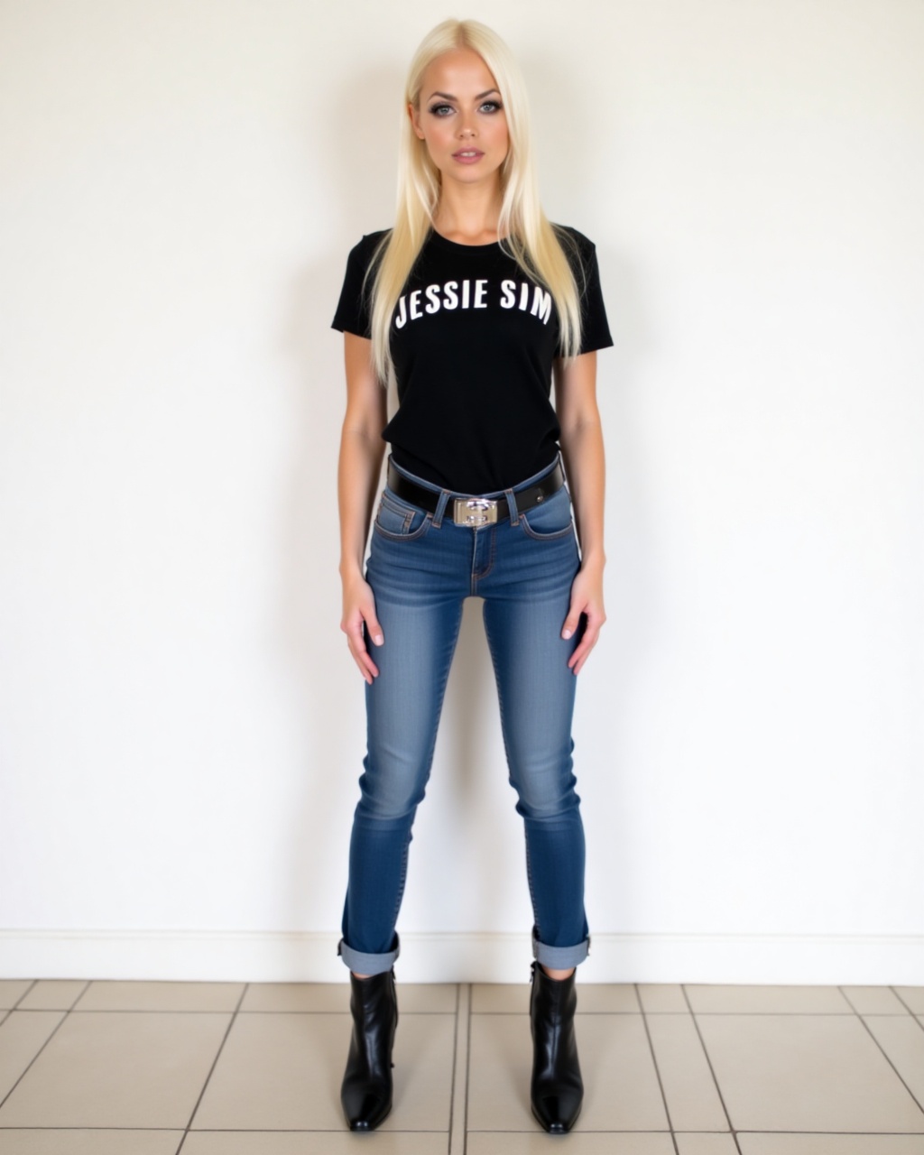 The image shows a person standing against a plain white background. The individual is wearing a black t-shirt with the tex...