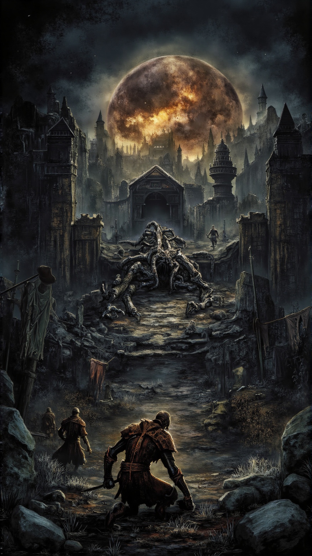 A medieval knight,  clad in rusted and battle-worn armor,  kneels among the ruins of a devastated kingdom on Tensor.Art