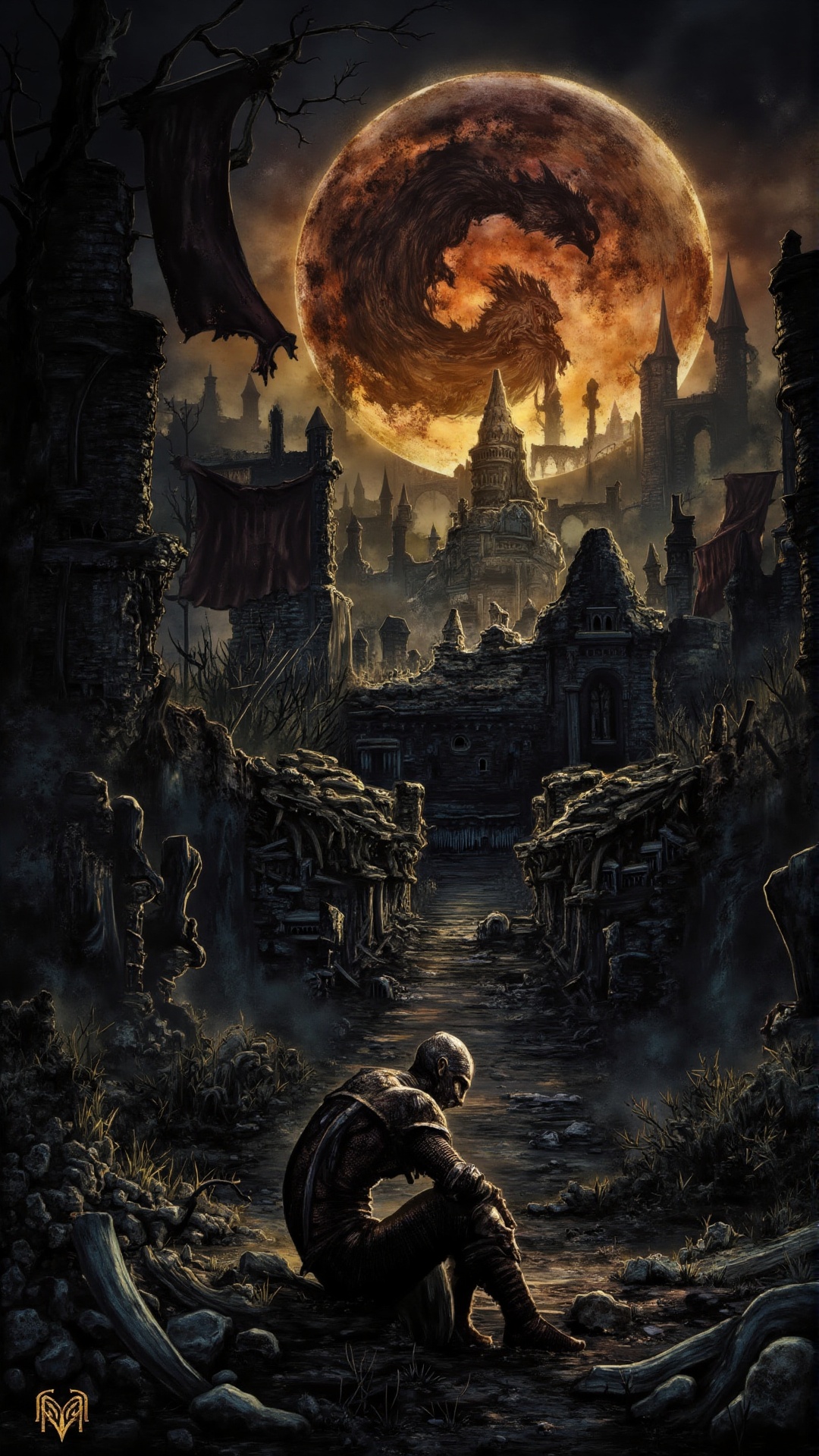 A weary knight sits against a pile of rubble in a ruined castle,  his grip tight on a battle-worn banner as the last remna...