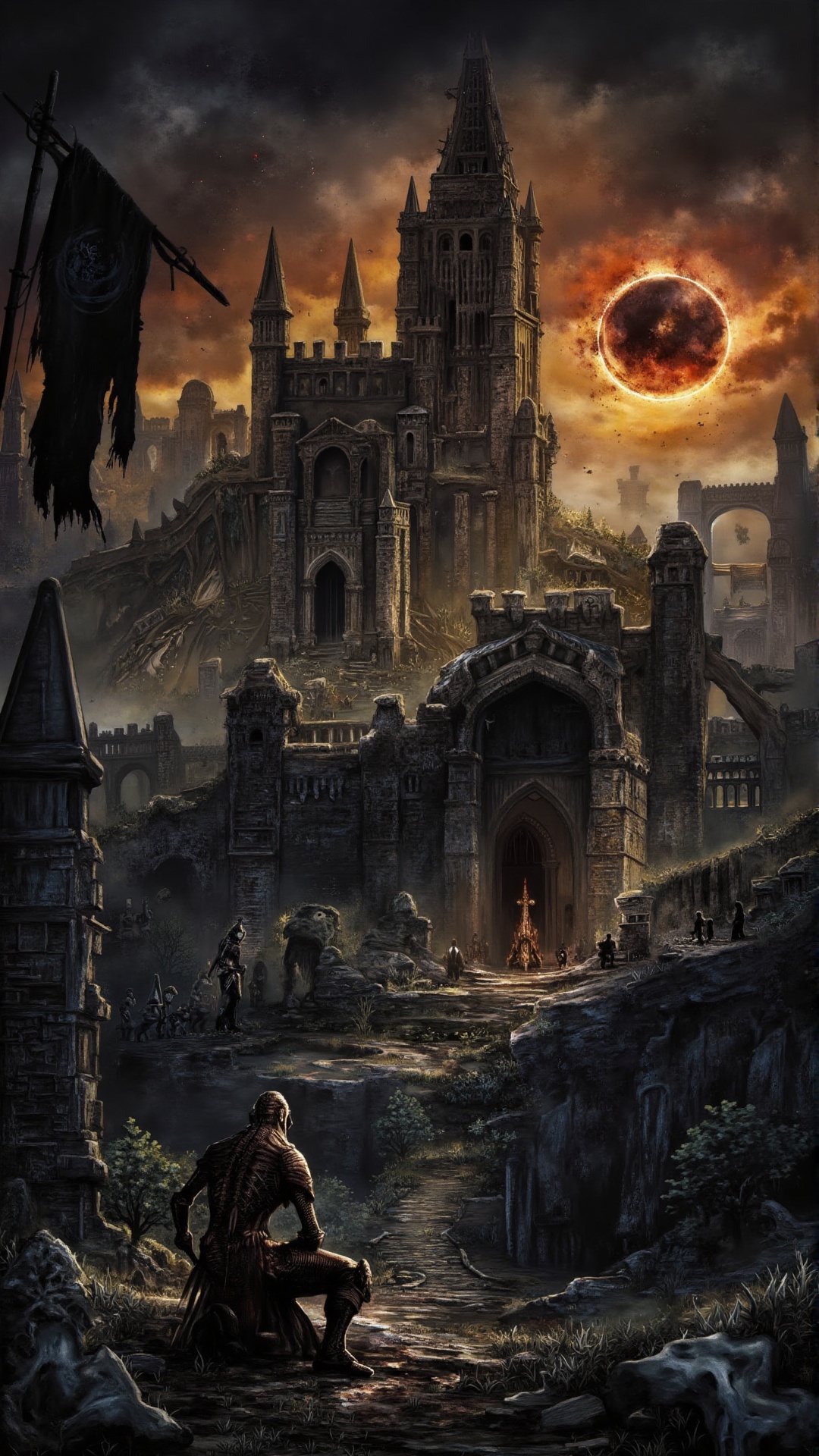 In a ruined medieval kingdom,  a lone knight kneels beside a broken banner,  his armor tarnished and battle-worn. The skel...