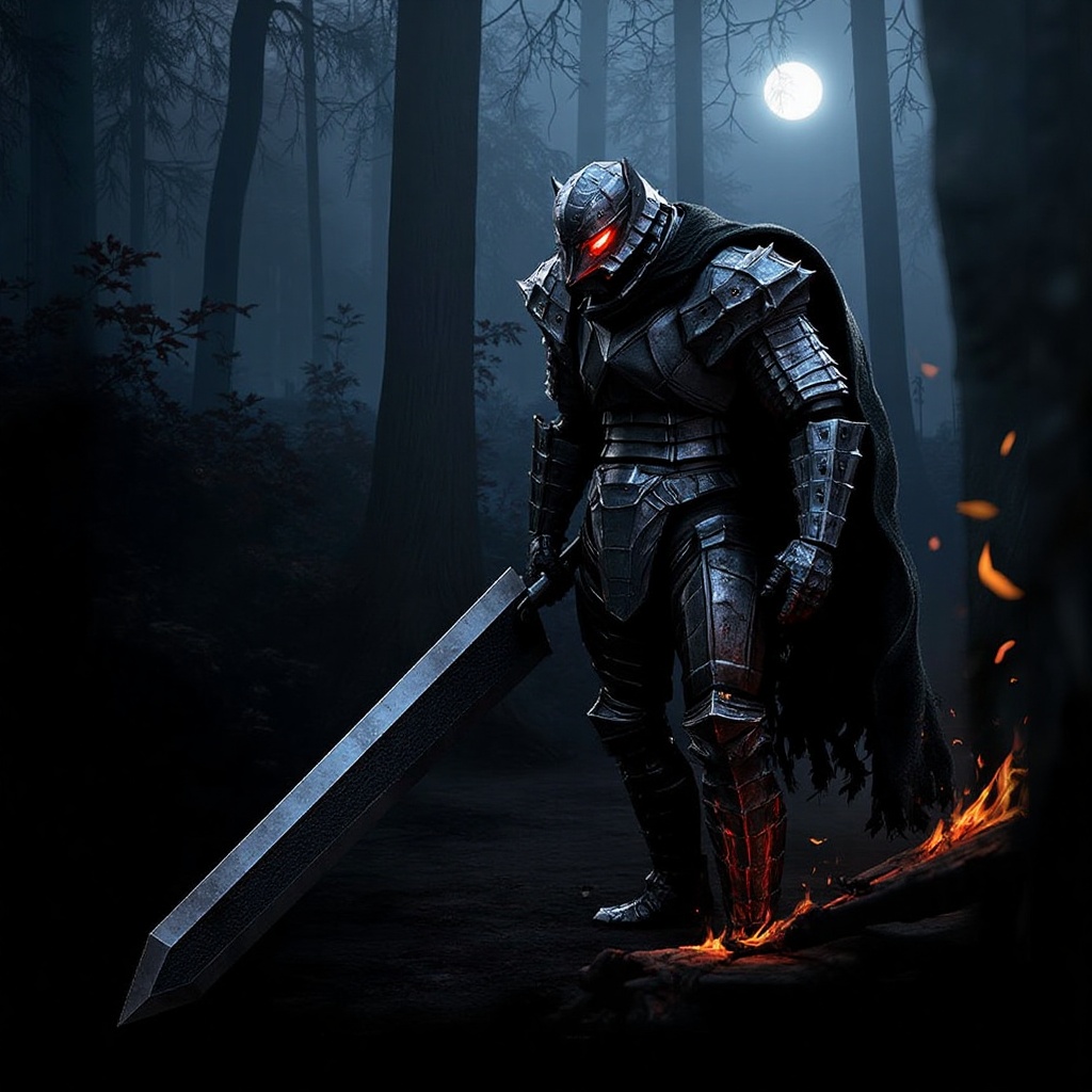 A lone berserker warrior,  heavily inspired by Guts from Berserk,  standing in a dark on Tensor.Art