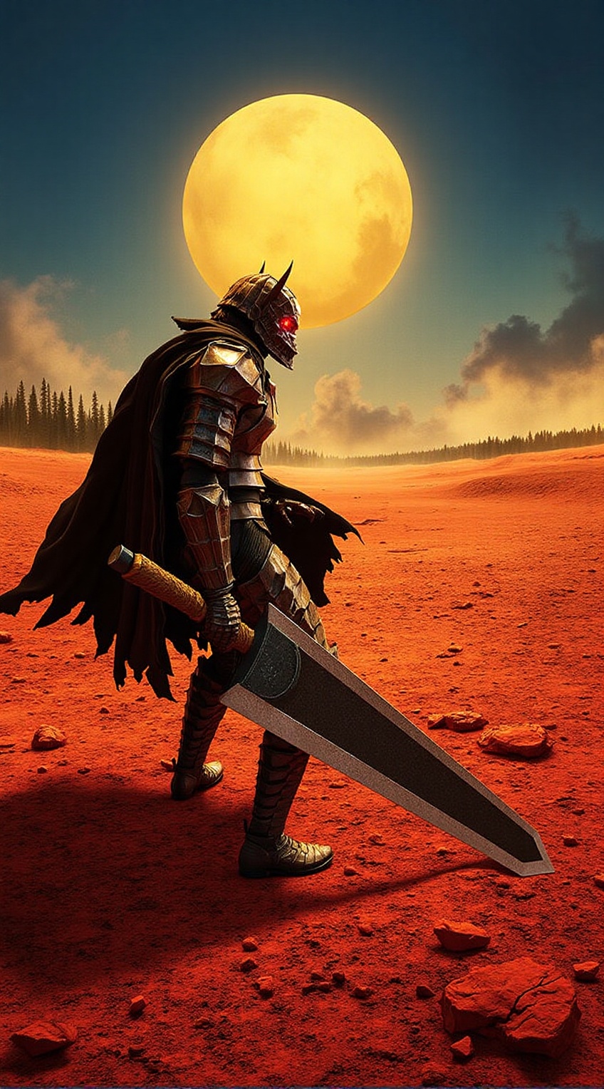 A lone berserker warrior,  heavily inspired by Guts from Berserk,  standing tall in the middle of a vast on Tensor.Art