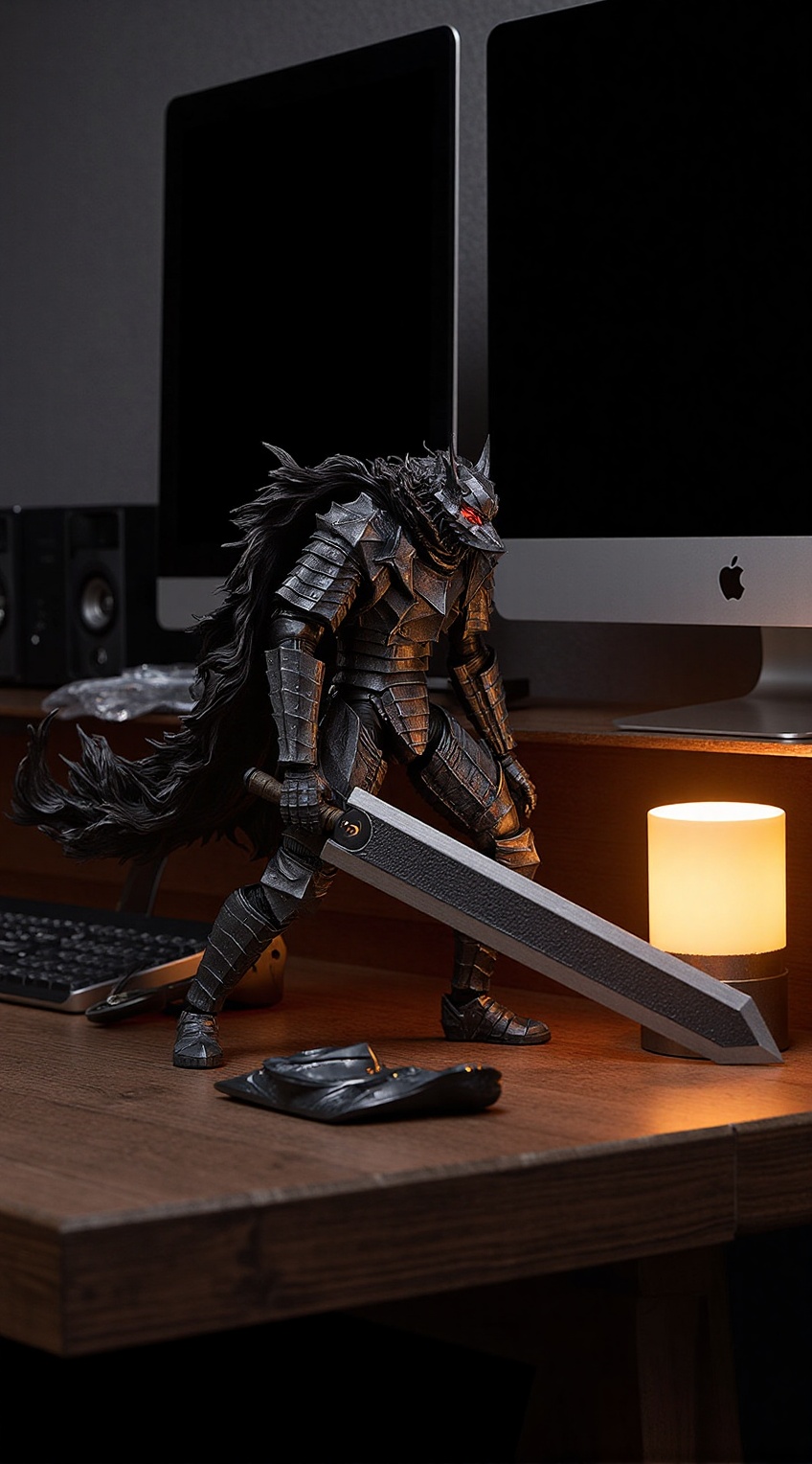 A highly detailed Berserker warrior figurine,  inspired by Guts from Berserk,  placed elegantly on a modern wooden desk. T...