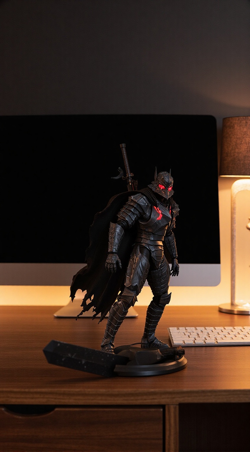 A highly detailed Berserker warrior figurine,  inspired by Guts from Berserk,  placed elegantly on a modern wooden desk. T...