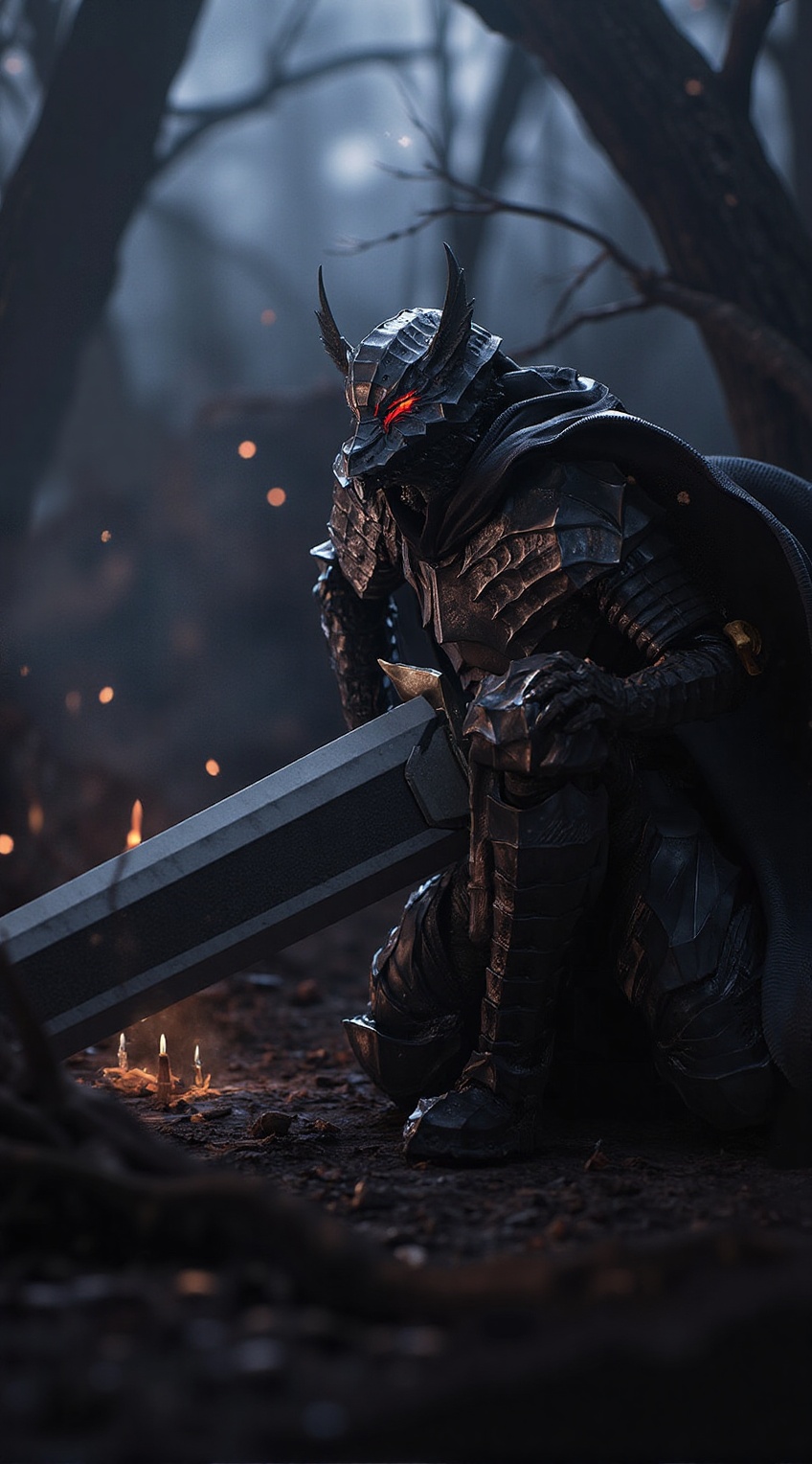 A lone berserker warrior,  heavily inspired by Guts from Berserk,  kneeling on one knee in a dark on Tensor.Art