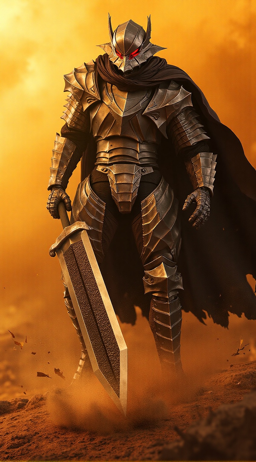 Close-up of a lone berserker warrior,  heavily inspired by Guts from Berserk,  standing tall in the middle of a vast battl...