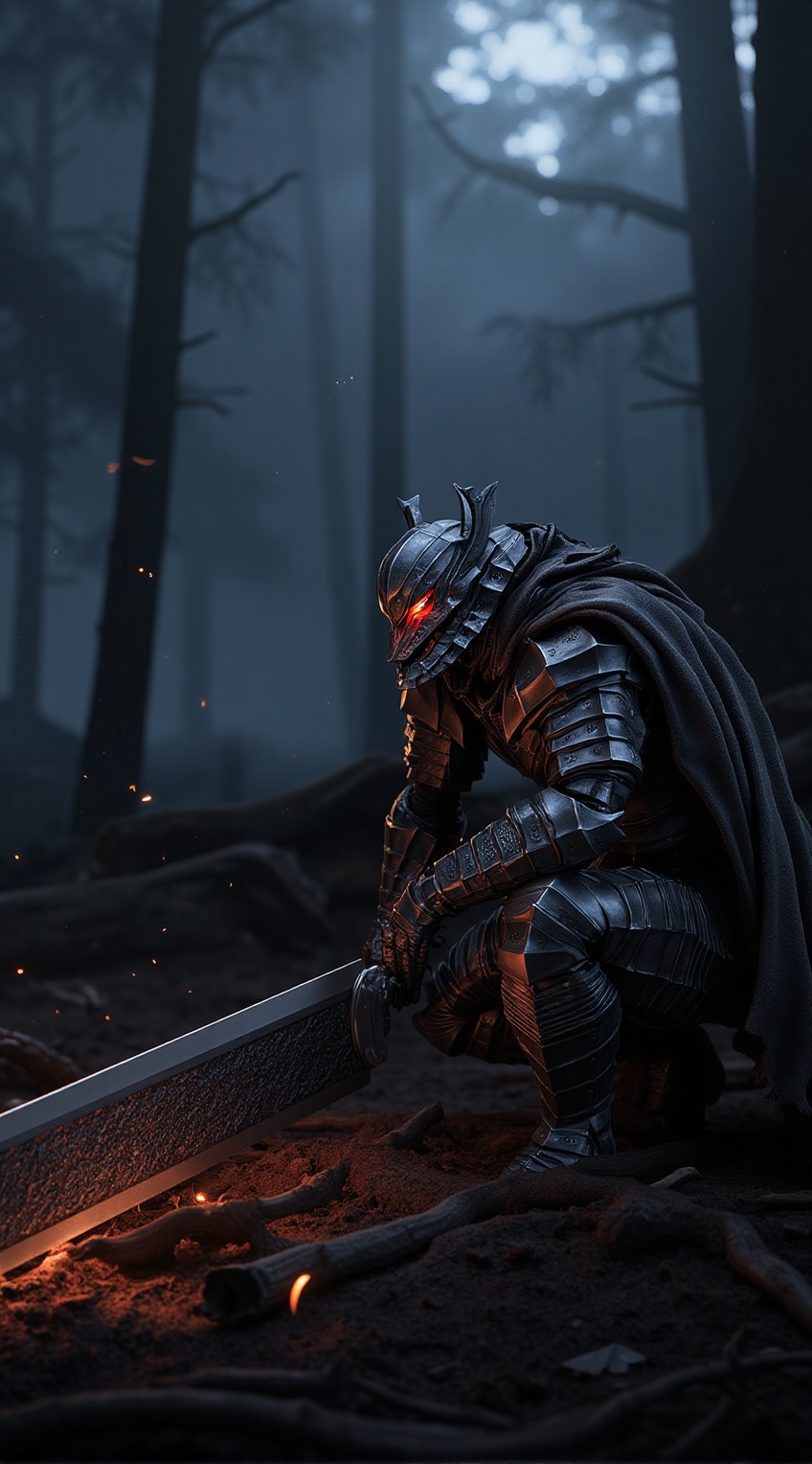 A lone berserker warrior,  heavily inspired by Guts from Berserk,  kneeling on one knee in a dark on Tensor.Art